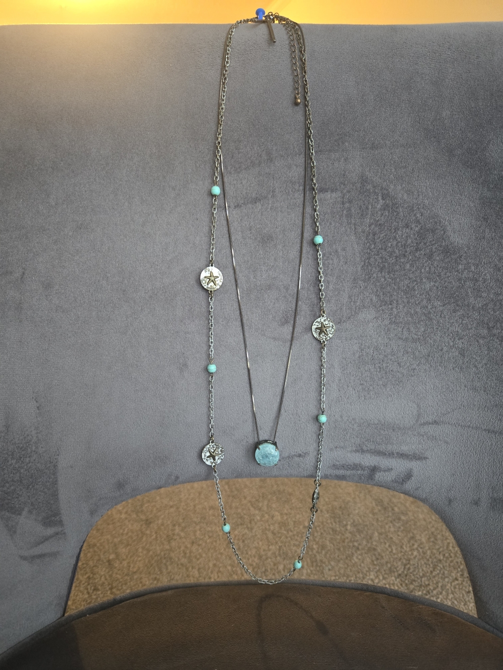 Boho Silver Tone Turquoise Pendant 24" & Star Charm Station Necklace 32" Lot 2pc